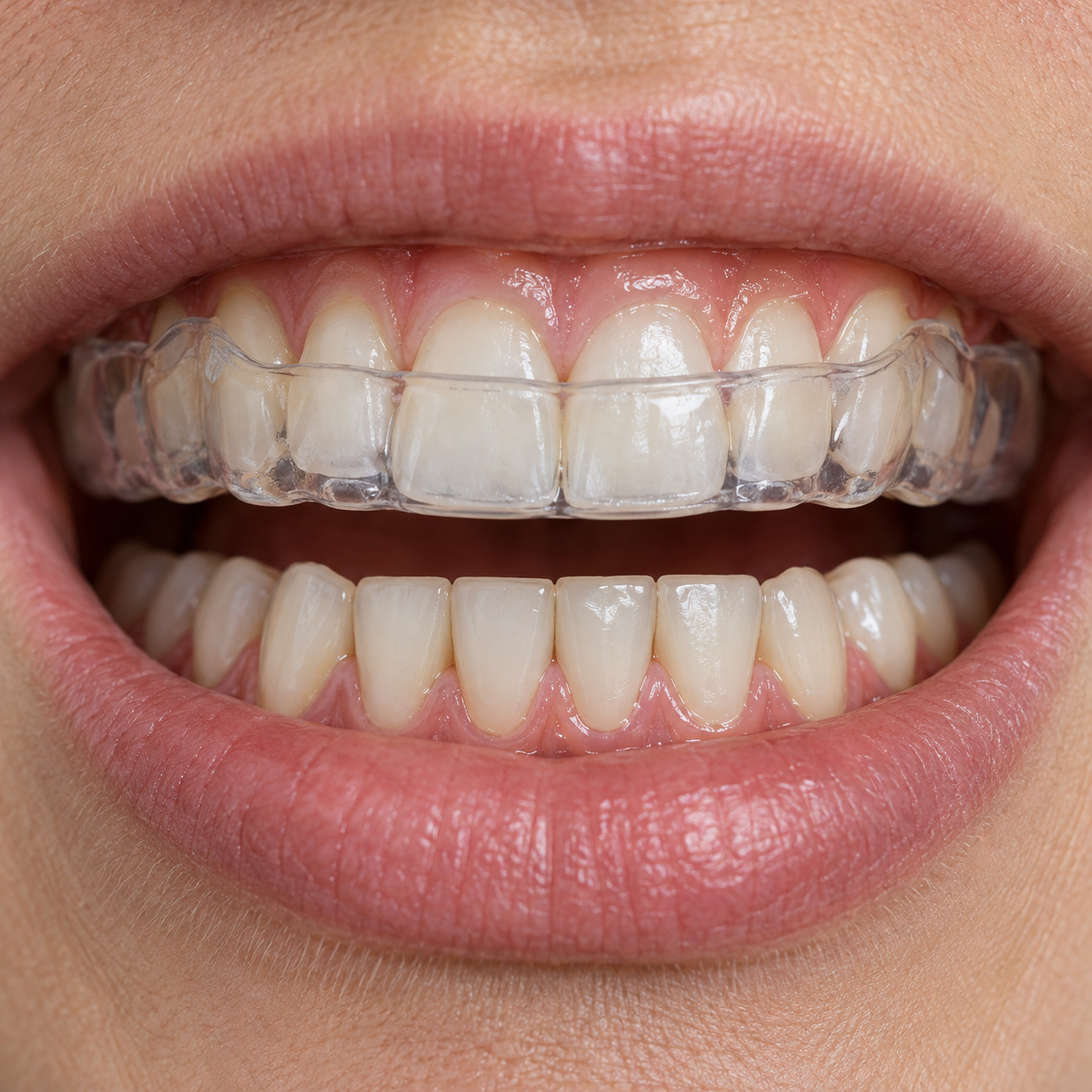 Boca com placa oclusal transparente, ilustração gerada